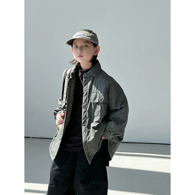 【现货】儿童外套男童加厚保暖上衣中大童格子衬衫棉服2025韩版