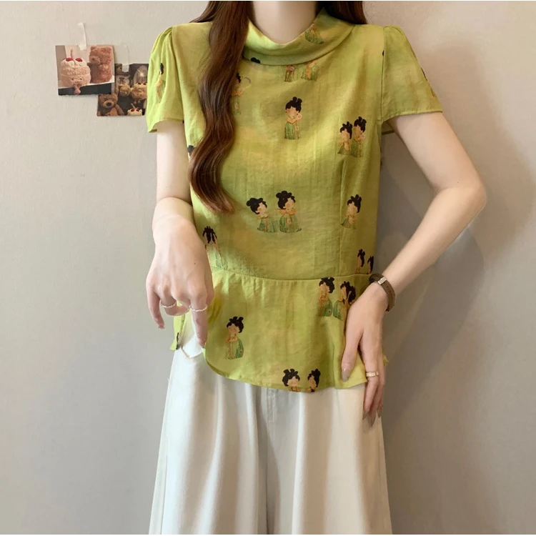 新中式国风复古短袖衬衫大码胖mm夏季薄款显瘦遮肉时尚小衫上衣女
