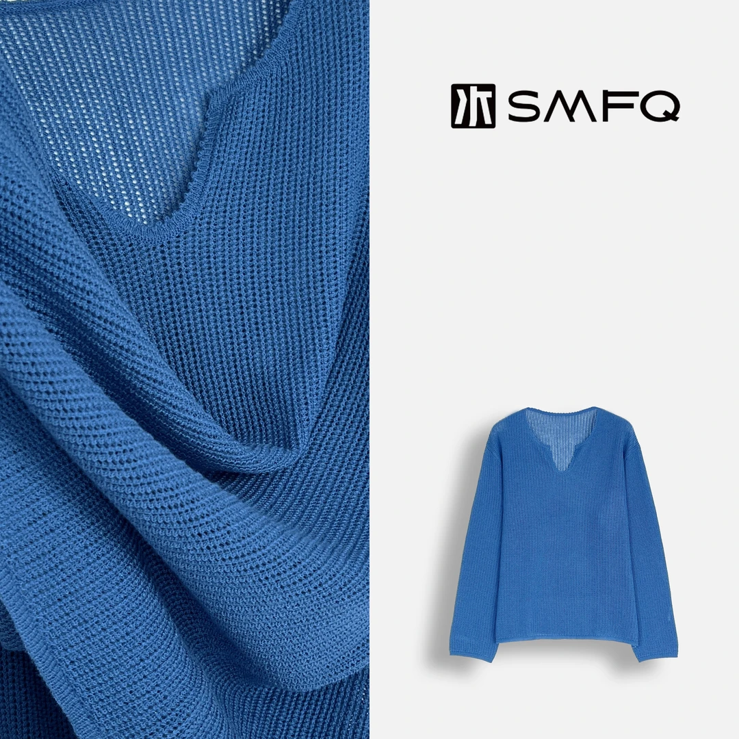 水木夫妻”克莱因蓝“ 羊毛v领纯色欧若风百搭长袖针织衫女春夏