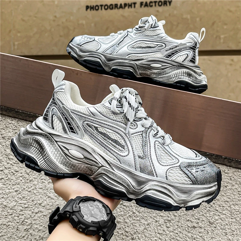 莆田男鞋春季爆款网面休闲跑步运动鞋厚底增高通勤运动老爹潮鞋