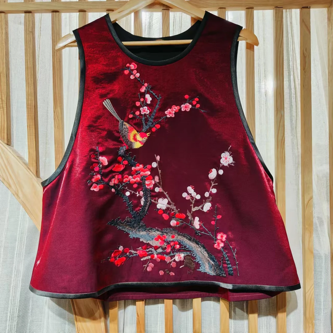 凤徕兮私人定制暗红色喜上眉梢刺绣花套头圆领短马甲(LS317-17)