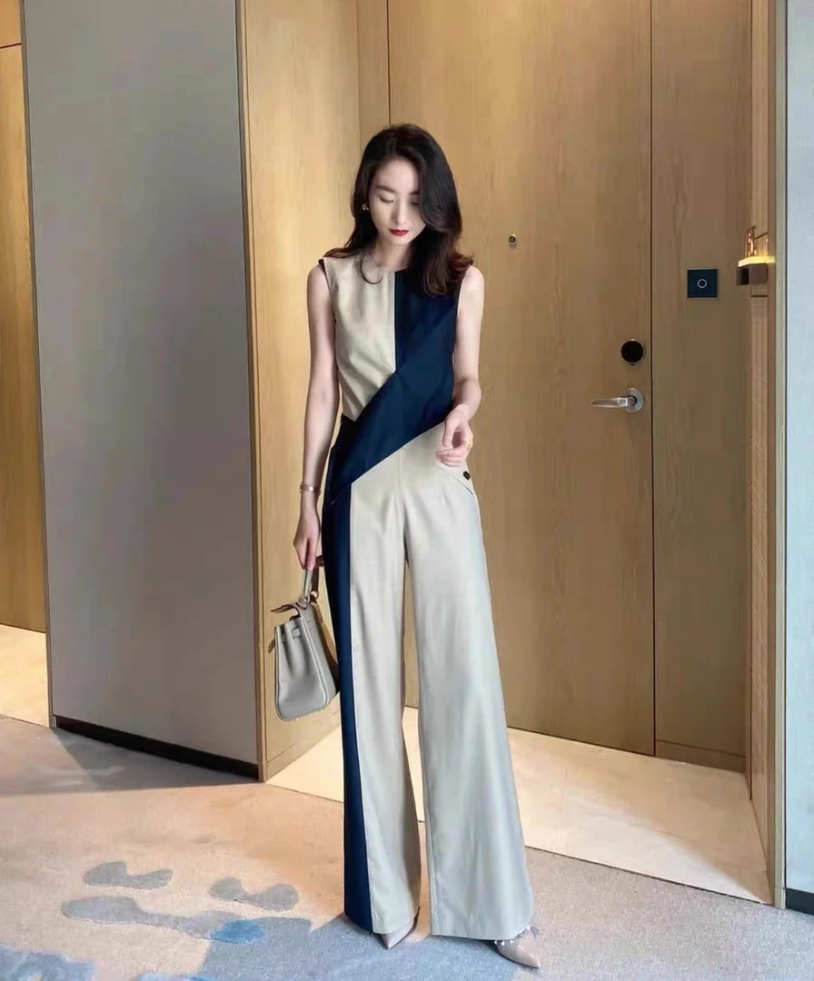 068#高端小众设计撞色连体裤套装夏季新款气质名媛阔腿裤两件套
