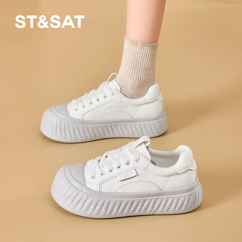 星期六女鞋旗舰店厚底增高鞋2025夏季新款轻便百搭时尚圆头小白鞋