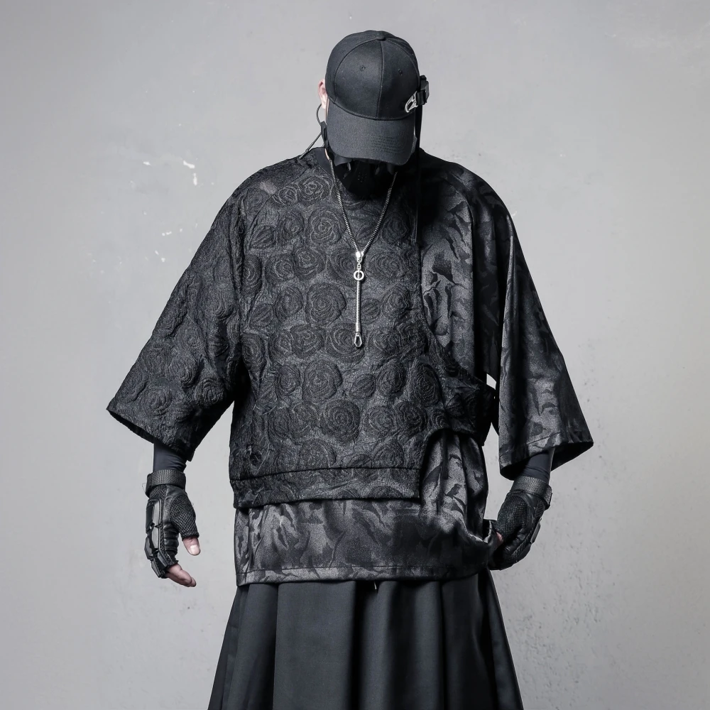 山本耀司暗纹玫瑰拼接体恤小众潮牌高级感宽松假两件设计短袖T恤