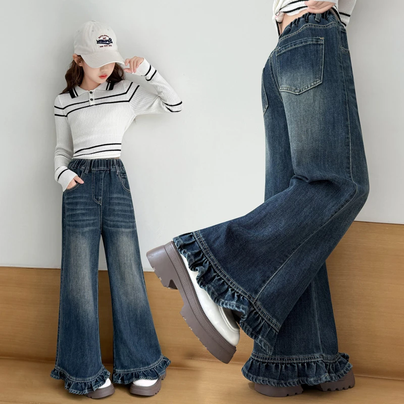 女童阔腿牛仔裤春秋款2025新款中大童儿童直筒裤秋装女孩休闲裤子