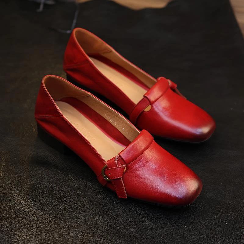 复古牛皮舒适软底红色小皮鞋女2025春秋新款真皮方头浅口单鞋低跟