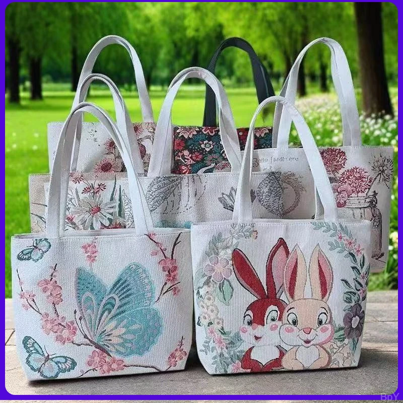 双面金丝手提帆布小包耐磨耐脏时尚百搭款刺绣带拉链手拎外出女包