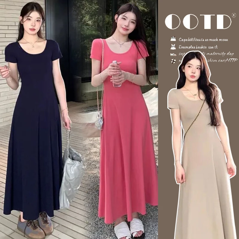 时尚孕妇装显瘦孕妈连衣裙2025夏季经典方领修身孕妇短袖连衣裙子