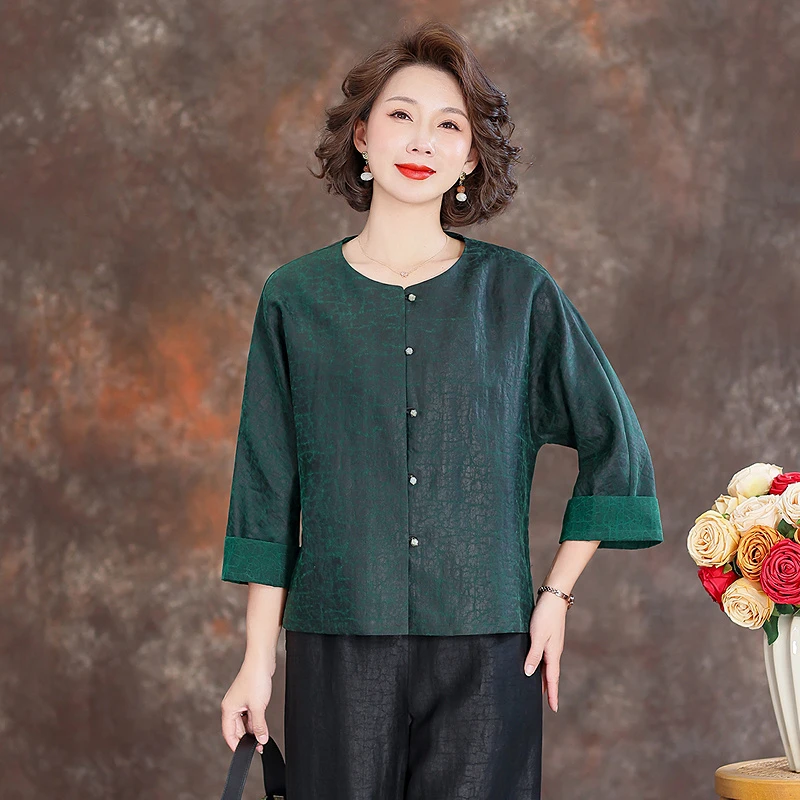 新中式龟纹上衣女2025春季新款长袖圆领妈妈装减龄小衫