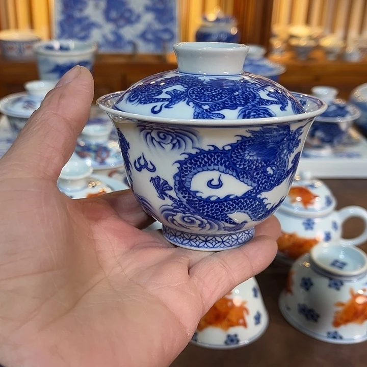满工九龙盖碗手工手绘