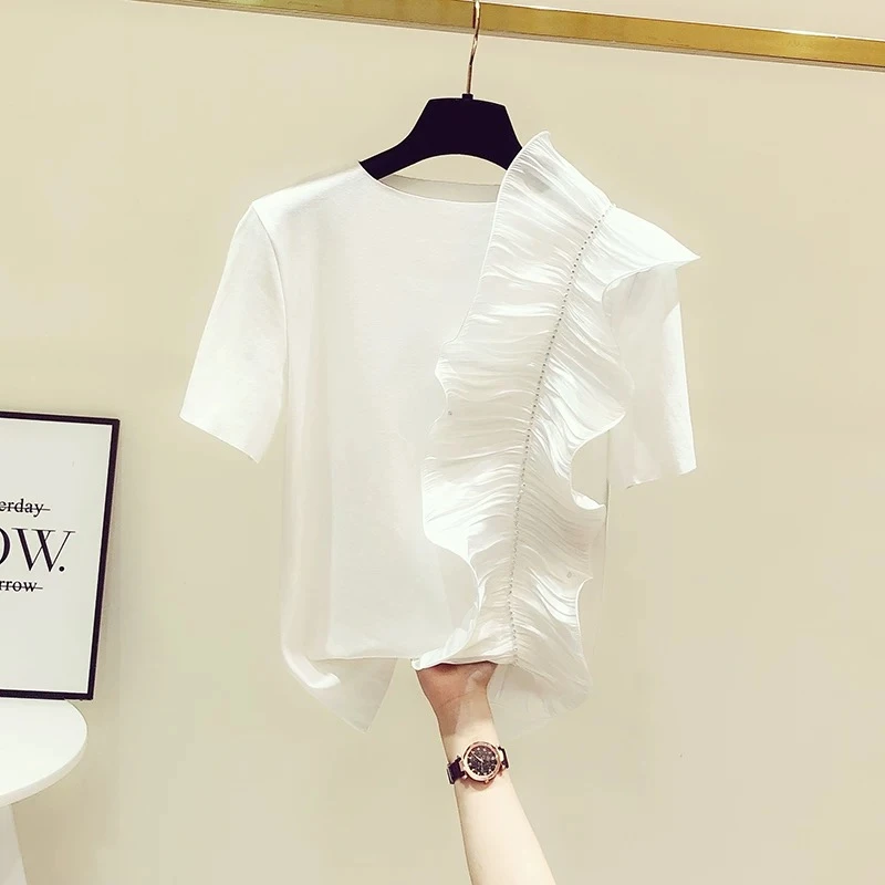 短袖拼接荷叶边韩版镶钻短袖T恤白色显瘦