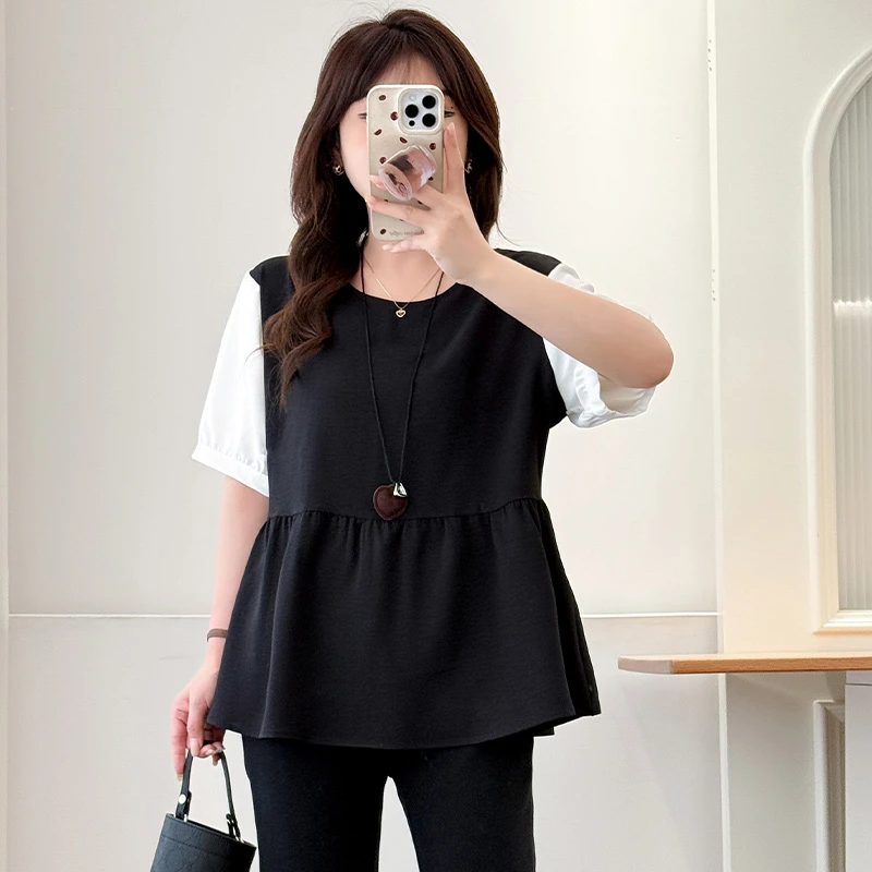 大码女装多巴胺夏季薄款拼接假两件短袖衬衫胖mm圆领宽松显瘦上衣