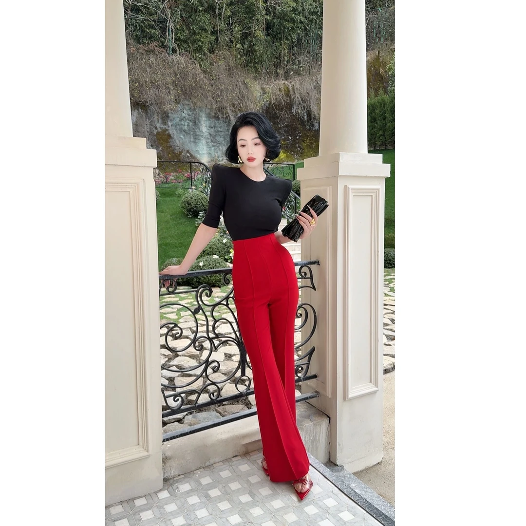 LYXJ【普罗旺斯玫瑰】红色女春季新款时尚显瘦高级感喇叭裤11798