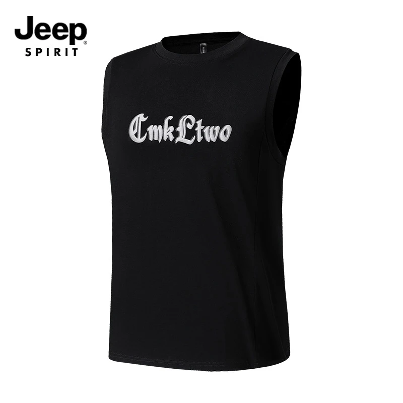 JEEPSPIRIT吉普背心男夏季冰丝速干圆领宽松上衣无袖坎肩潮流t恤