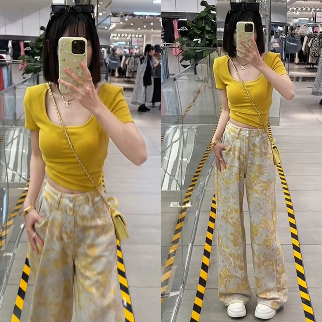 休闲时尚套装女夏季新款黄色短袖T恤上衣高腰垂感阔腿裤子一整套