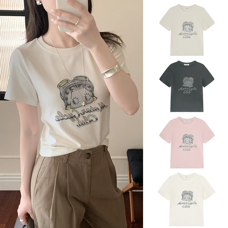 Miss sumeyY3780自制夏季新款套头圆领卡通女孩字母印花t恤上衣