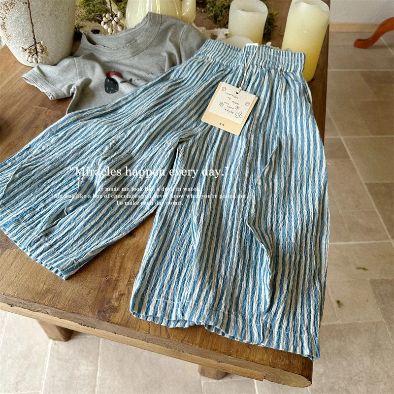 AC355~女童夏季裤子薄款小孩衣服夏装儿童条纹休闲阔腿裤66890