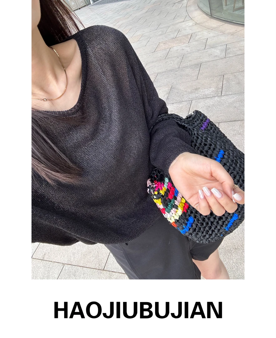 好久不见黑色质感薄款微透针织衫