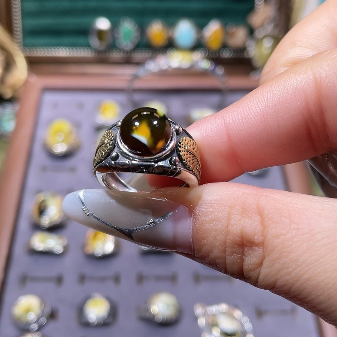 菲***a银S925镶嵌琥珀戒指戒指