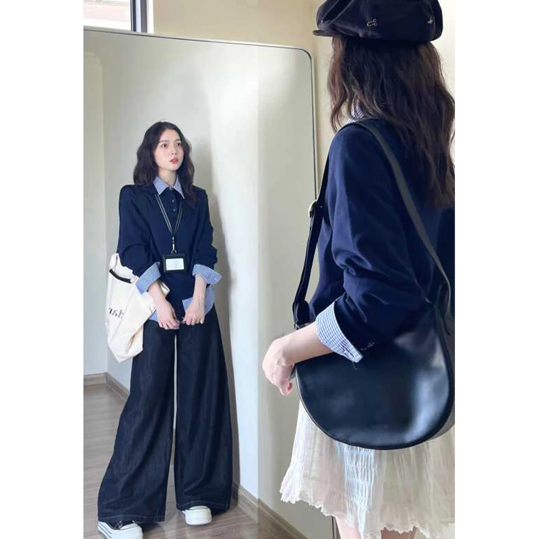 美式原牛ins风阔腿牛仔裤女百搭极简风老钱风蓝灰色加绒加厚牛仔
