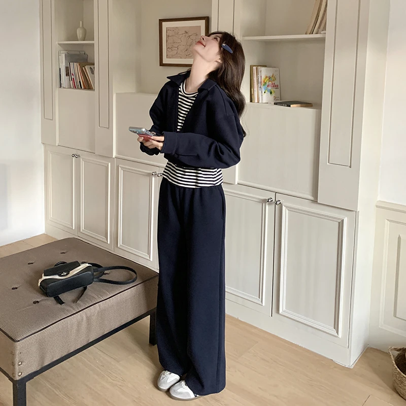 藏青色时尚条纹拼接假两件卫衣套装女2025春季新款休闲长裤两件套