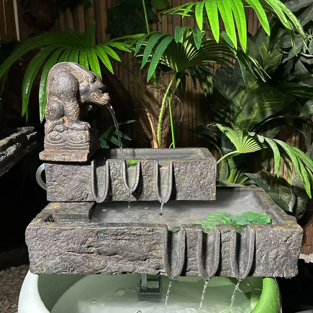 中国风仿青石禅意桌面花盆水仙盆怀旧做旧三层流水摆件花盆