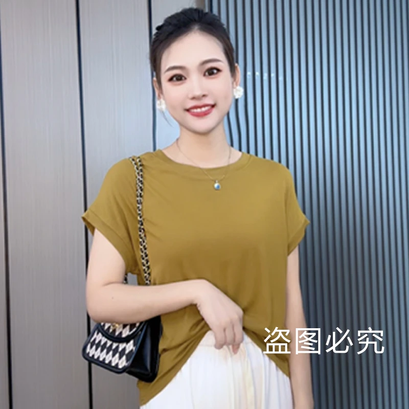 夏季清爽小飞袖气质圆领t恤女纯色简约时尚宽松短袖薄款上衣