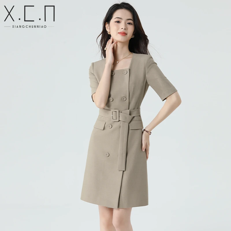 祥春鸟高级感通勤西装连衣裙方领气质职业工装裙子夏季女2428286