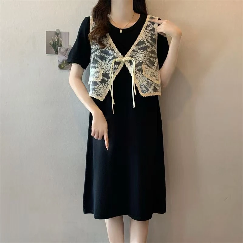 1508-大码女装刺绣假两件显小垂感大码连衣裙100斤-210斤