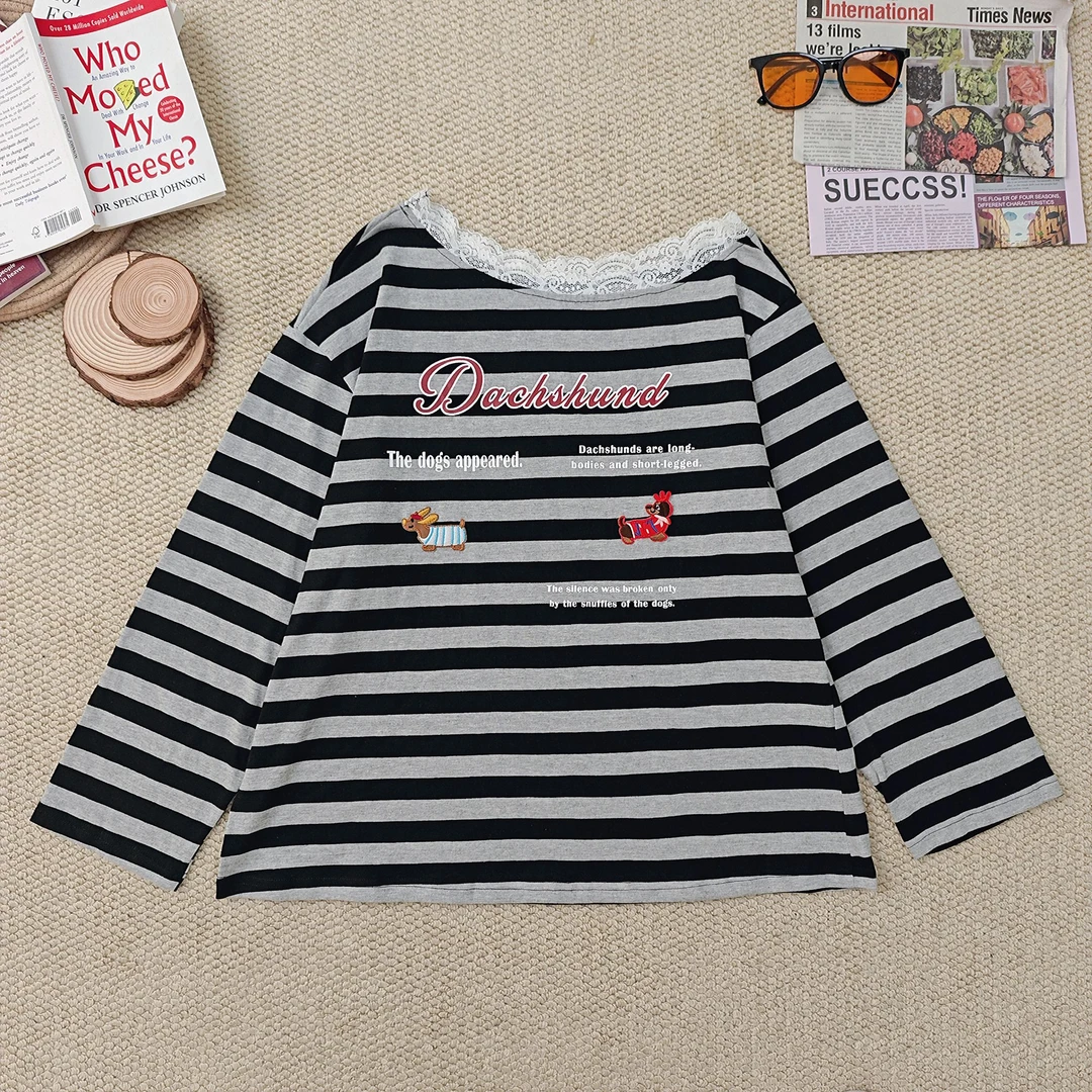 2025夏季新款休闲字母印花斜领蕾丝条纹防晒长袖T恤2258