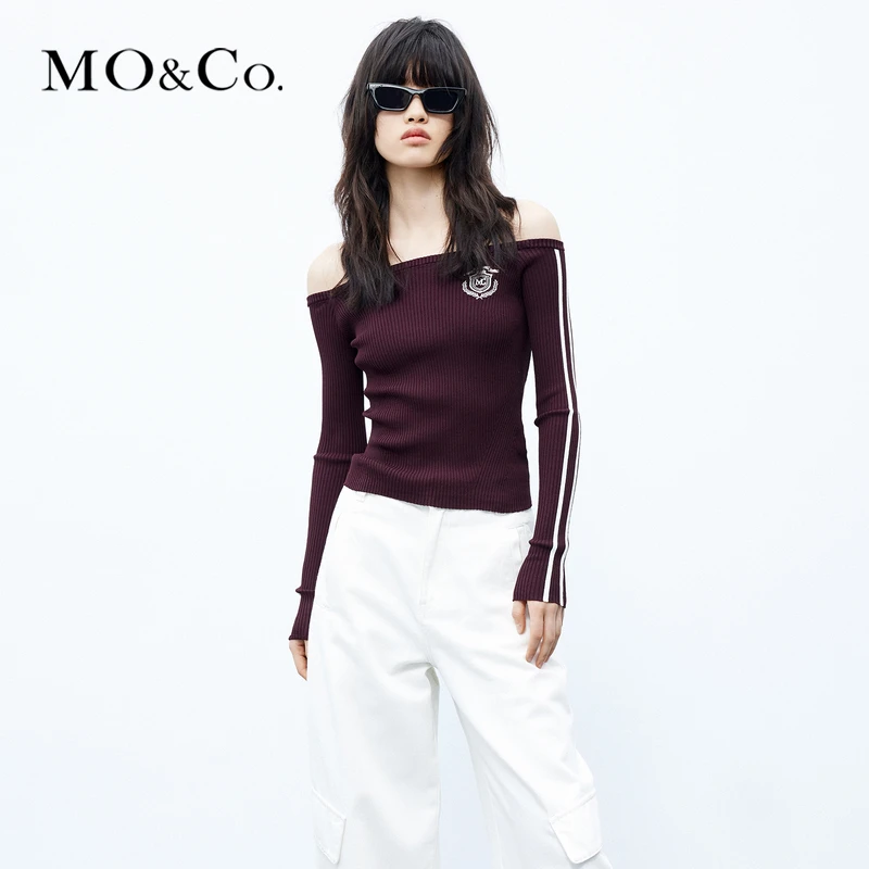 【诗语专属】MOCO秋学院徽章球衣风露肩短款针织衫学院风MBC3SWT005