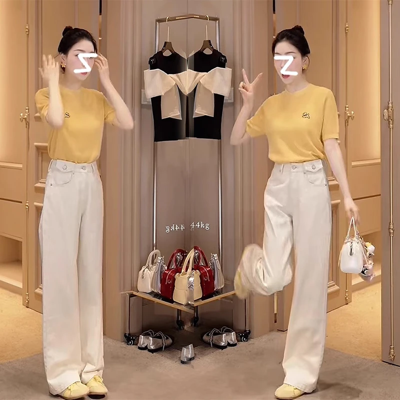 女装韩系简约2025夏季美式复古正肩T恤短袖上衣直筒休闲裤两件套