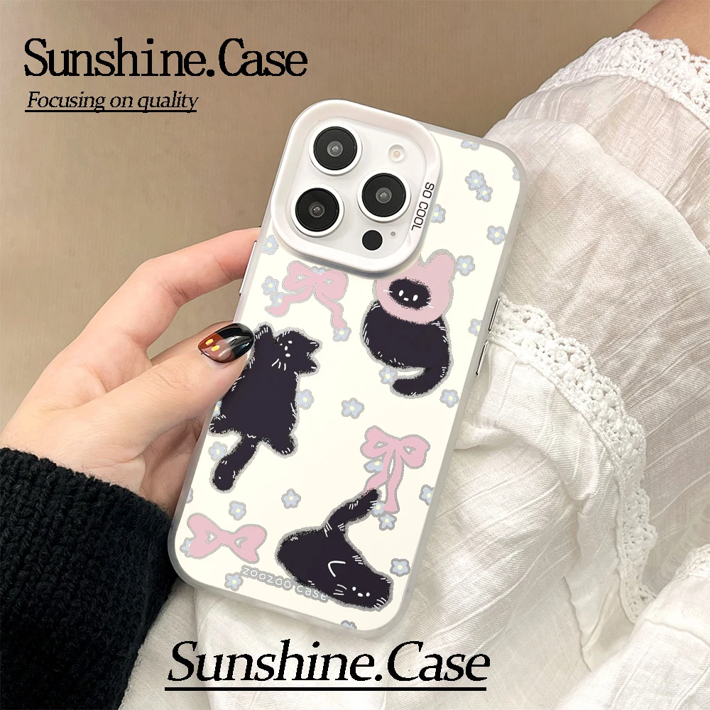 【彩银】蝴蝶结黑猫适用于苹果16promax华为vivo小米oppo防摔手机壳