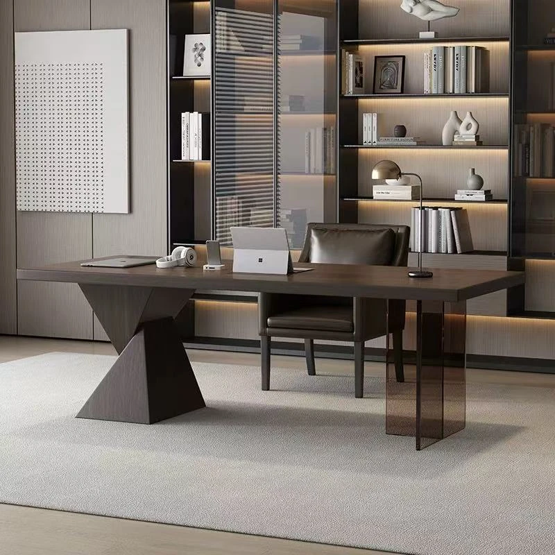 意式极简书桌书房家用轻奢高级感电脑桌亚克力客厅实木创意办公桌