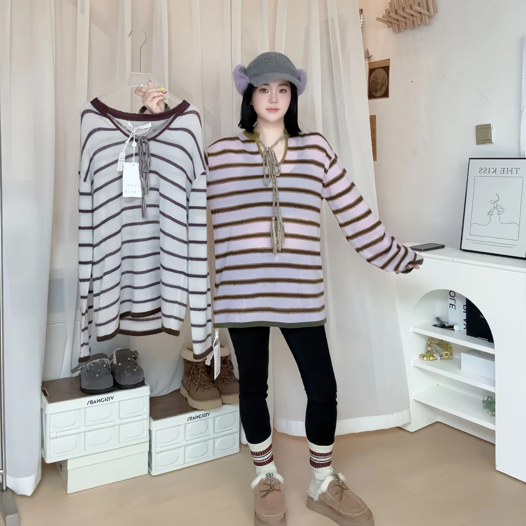 Square Circle方圆绵羊毛羊驼毛混纺编织绑绳软糯拼色条纹毛衣