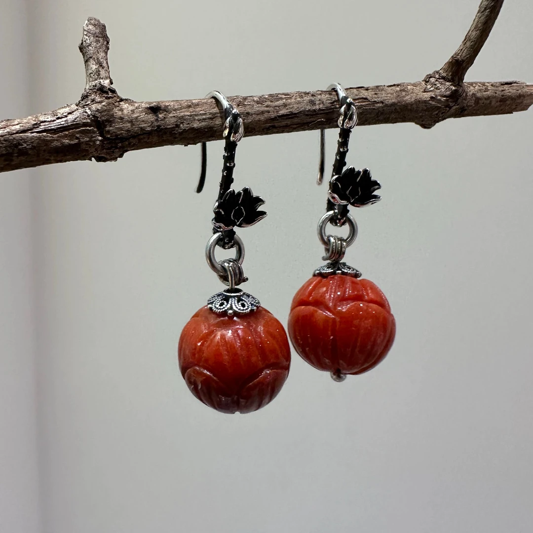 E25635<非晚1>s925银红翡翠莲花圆珠莲花花苞耳钩耳环民族风