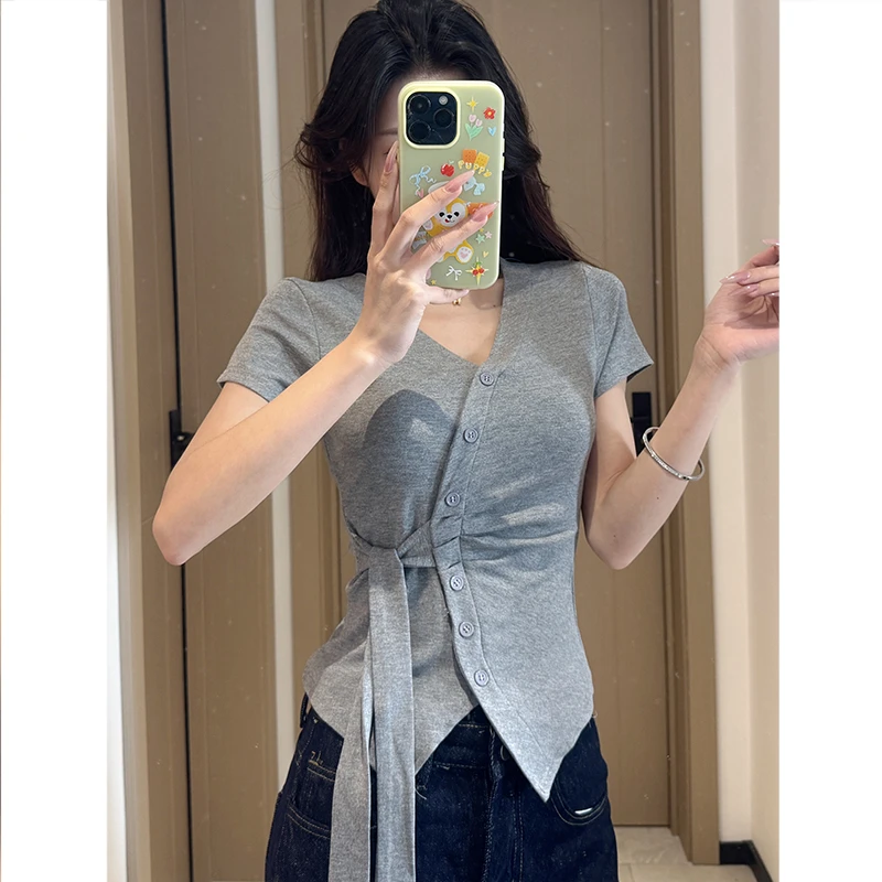 法式夏季新款设计感上衣修身显瘦简约风短袖绑带不规则气质V领T恤