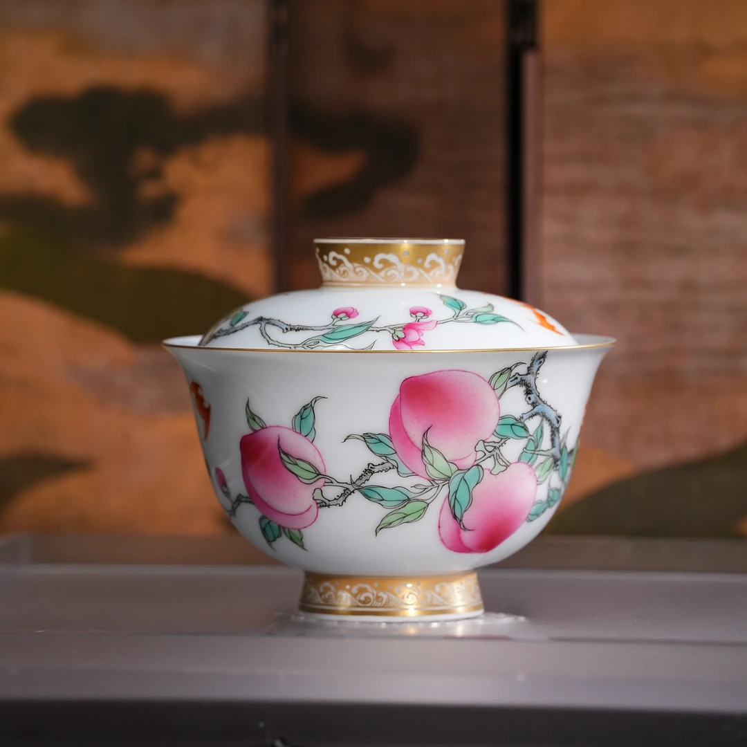 徐窑丨描金五桃吉祥盖碗 高：8cm 口径：9cm 容量：120ml