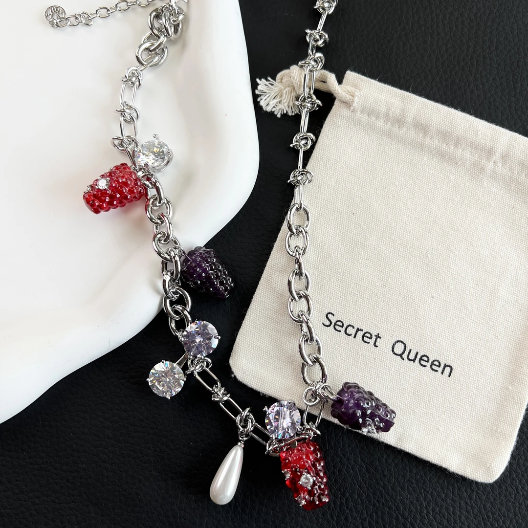 铜合金项链 小众设计树莓桑葚水滴贝珠打结项链AE191