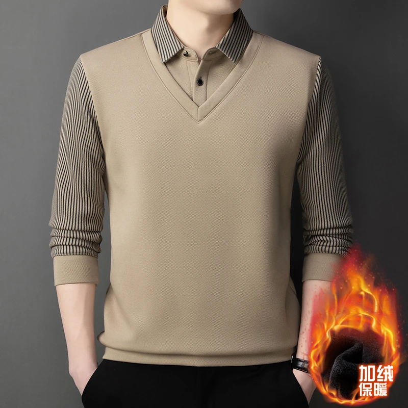 新款毛衣冬季男士加绒加厚保暖毛衣男衬衫领假两件针织打底衫男装