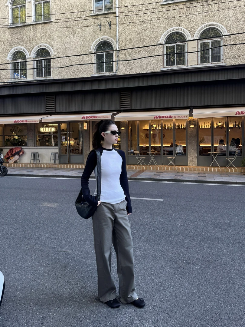 秋季新款韩系穿搭高级感气质插肩袖T恤上衣休闲百搭裤子小众女装