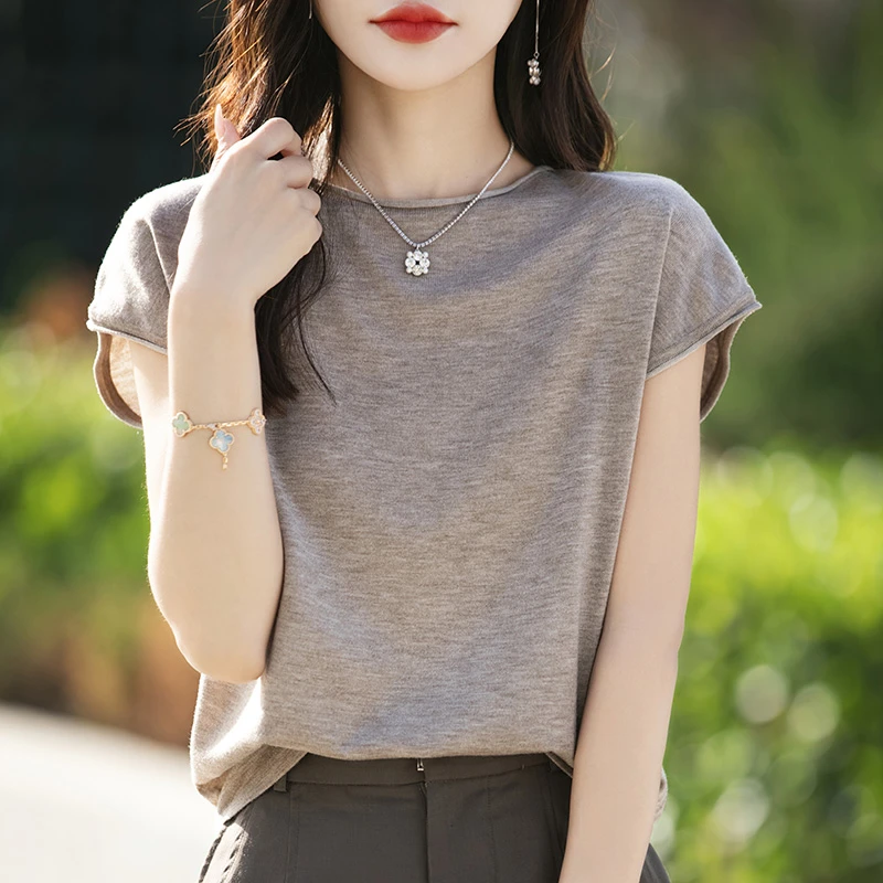 哥弟阿玛施正女夏季桑蚕丝圆领短袖T恤冰丝针织衫宽松显瘦薄上衣