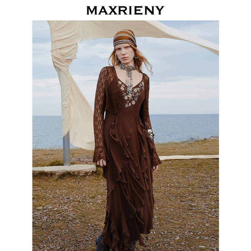 【优雅游牧】MAXRIENY沙丘落日裙废土风穿搭V领收腰连衣裙25秋