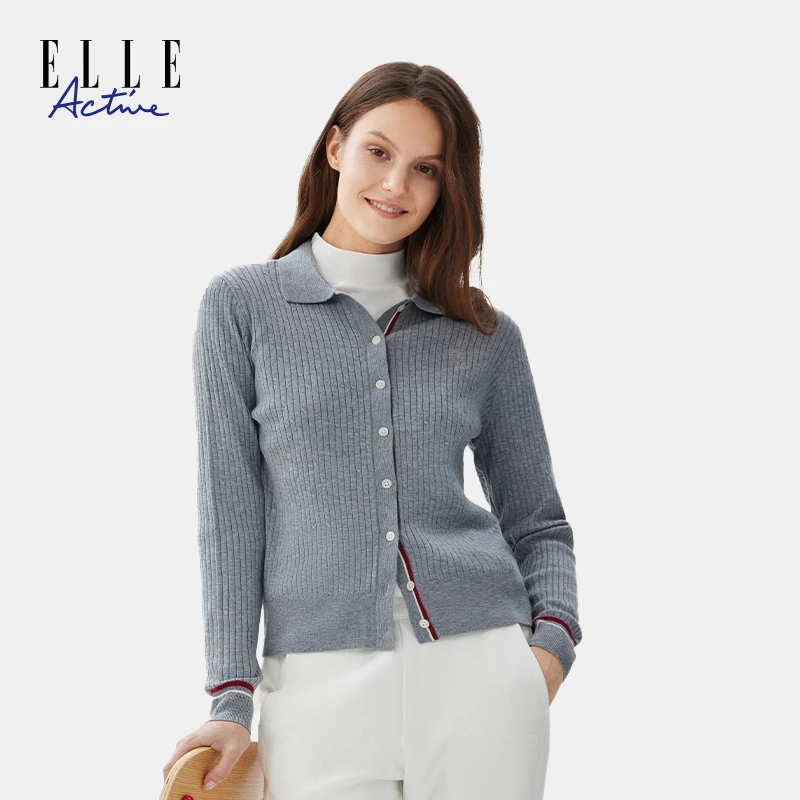 ELLE Active【含绵羊毛】高智感穿搭针织衫女纯色时尚气质开衫上衣