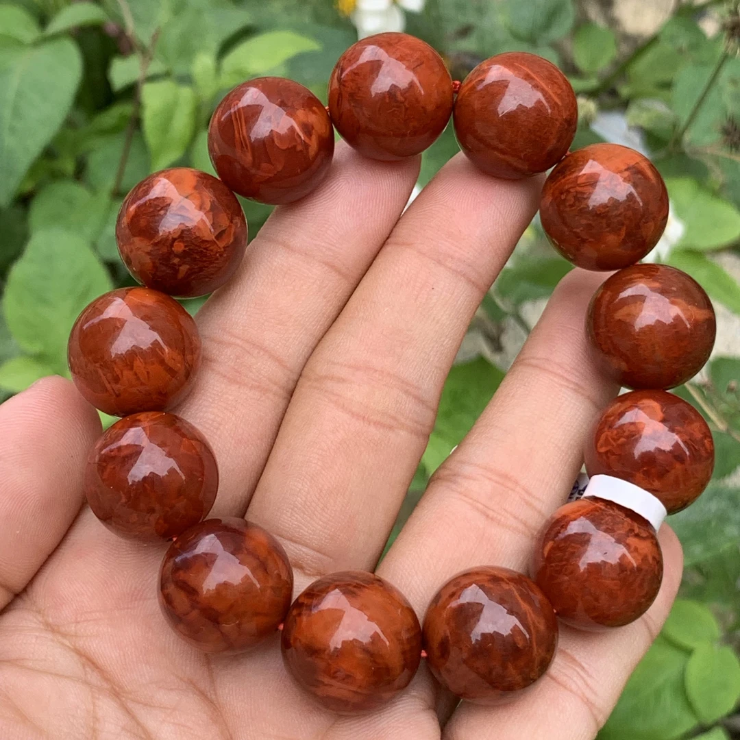 (典藏品) 南红瓦西牛血红妖花火焰纹 颜色红润 品质高阶 尺寸17mm