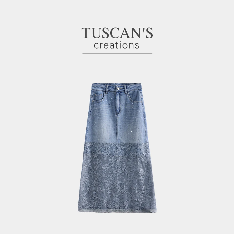 TUSCAN'S CREATIONS女士通勤百搭蕾丝牛仔半裙设计感裙子时代双鱼