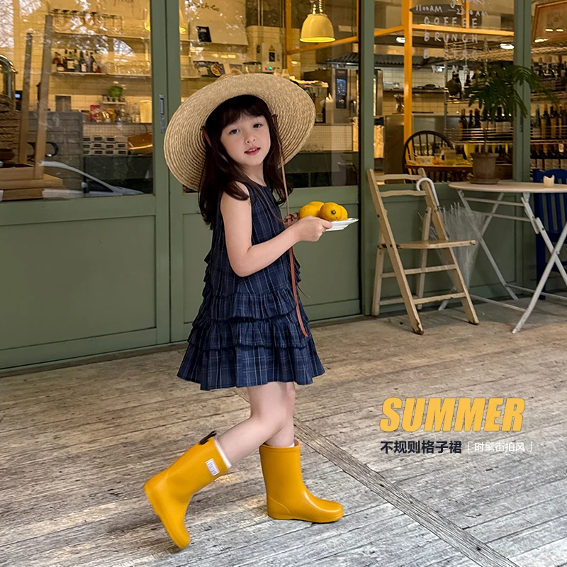 SKB2595【亲子】女大童洋气不规则背心裙夏装格子木耳边公主裙子