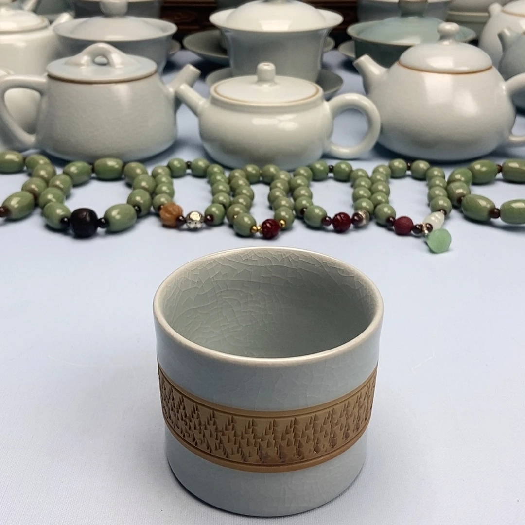 杯仿古月白腰缠万贯直桶杯原矿原釉原产地