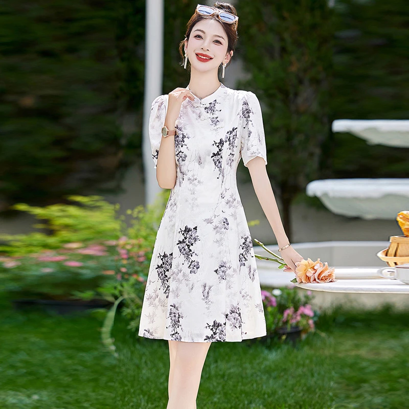 新中式国风短袖立领少女风旗袍夏季新款印花女裙子时尚短款小个子