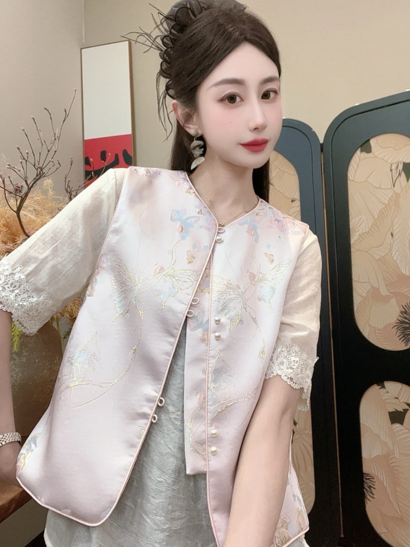 【若倾娇】早秋刺绣新中式马甲女时尚显瘦薄款圆领百搭马夹